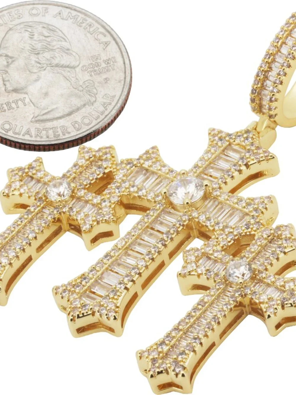 14k Yellow/White Gold Plated AAA CZ Baguette Flared Triple Cross Pendant